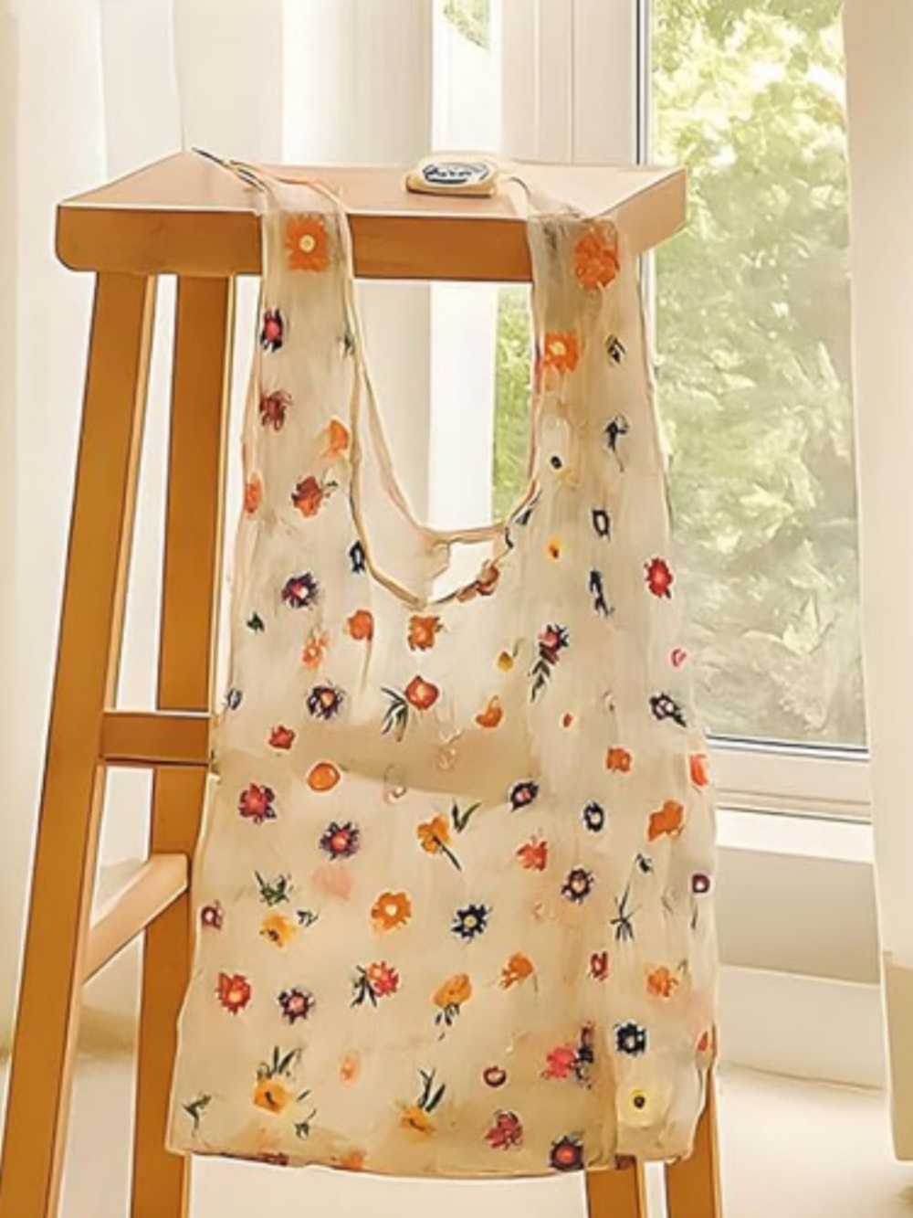 Floral Print Sheer Tote Bag - Cream